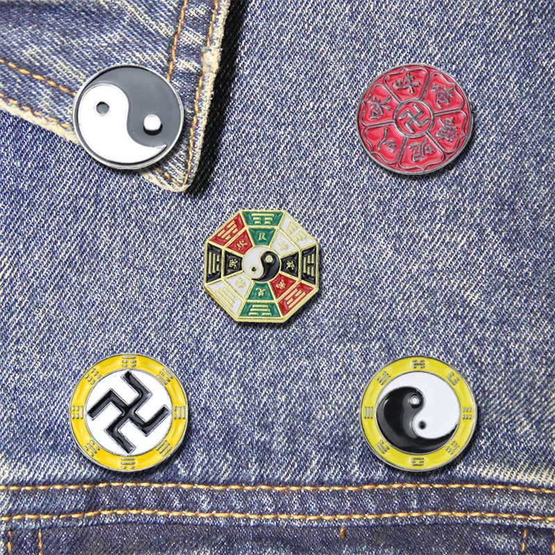 Swastika Brooch Tai Chi Eight Trigrams Feng Shui Enamel Pins Srivatsa Badge Backpack Cloth Denim Lapel Pin Jewelry Gift