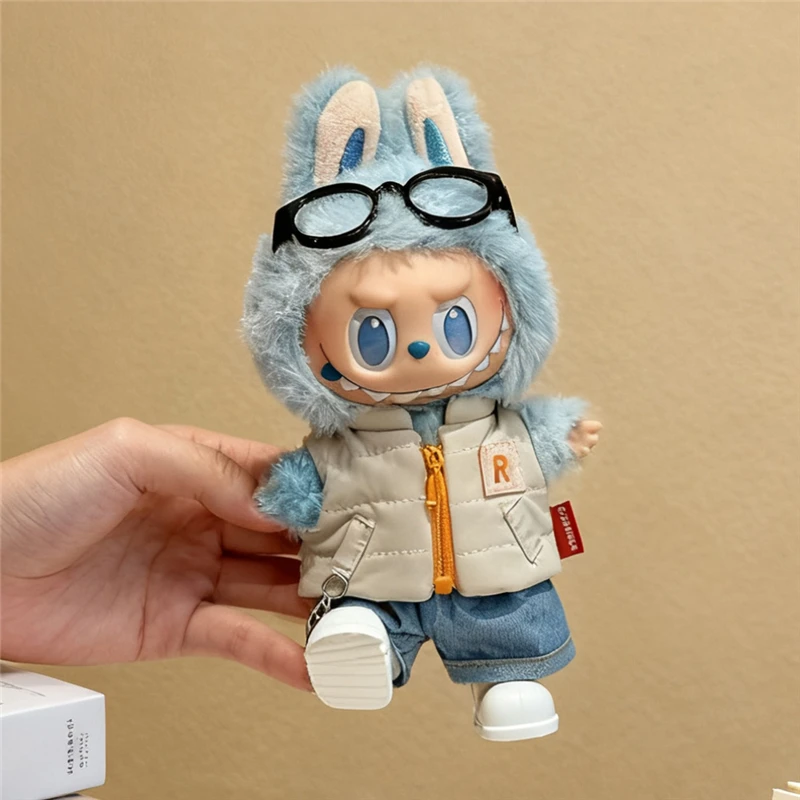 ل 15 17 سنتيمتر Labubu دمية بلون الشتاء أسفل سترة مع أحذية الجينز الزي الكامل الملابس اللون حجب تي شيرت الملابس