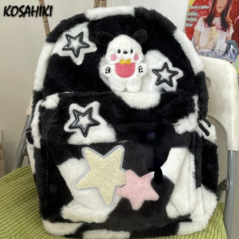 Japanese Kawaii Cute Fluffy Star Backpack Cartoon Contrast Color Plush Dog Women Schoolbag Y2k Aesthetic High-capacity Backpacks