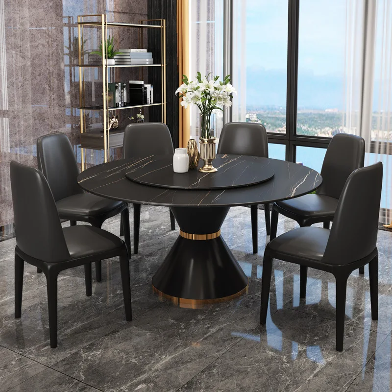 

Internet celebrity Italian rock slab dining table, round table with turntable, postmodern light luxury