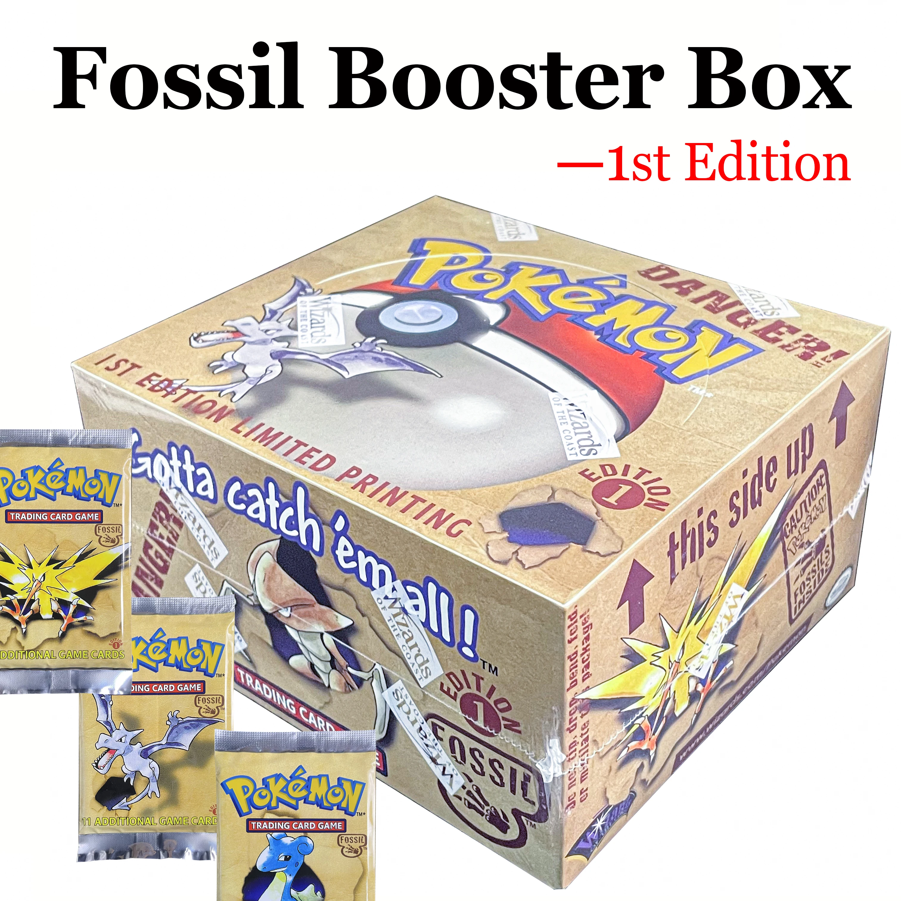กล่องบูสเตอร์การ์ดเกม PTCG PKM FOSSIL รุ่นคลาสสิก ฉบับที่ 1 แพ็ค Zapdos/Aerodactyl/Lapras กล่องปิดผนึกอย่างแน่นหนา การ์ดเกม TCG แบบ Proxy