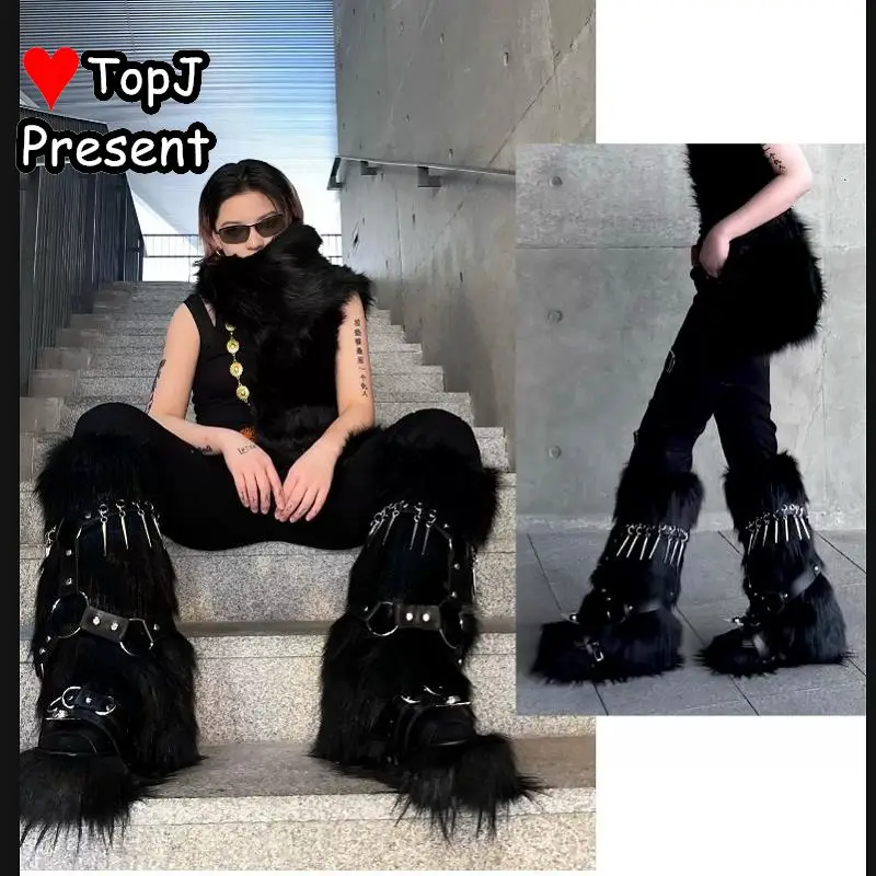 Lolita Punk Style Harajuku Gothic Spicy Girls Women's Y2k JK  Leather Furry Straps Imitating Fur Spikes Leg Warmers Cover