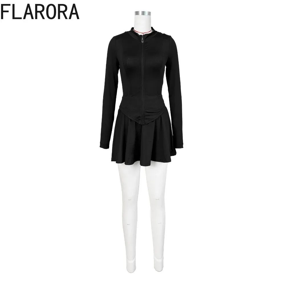 FLARORA Trendy Sporty Streetwear Women\'s Two Pieces Set Women Slim Zip Coat Mini Pleated Skirts Sets (Shorts Inside The Skirt)