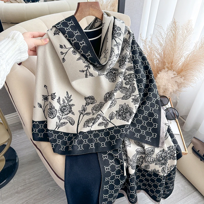 New Luxury Cashmere Plaid Rose Scarf Winter Women Pashmina Shawls Warm Blanket Wraps Female Thick Scarves Bufanda Scarf