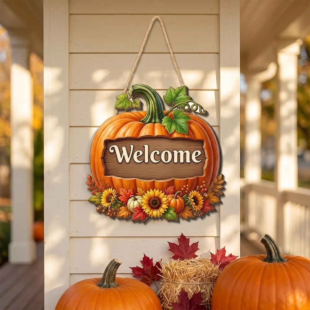 Wooden Ornaments Welcome Hanging Sign Dwarf Pumpkin Halloween Door Hanging Rustic Style Maple Leaves Welcome Door Plate
