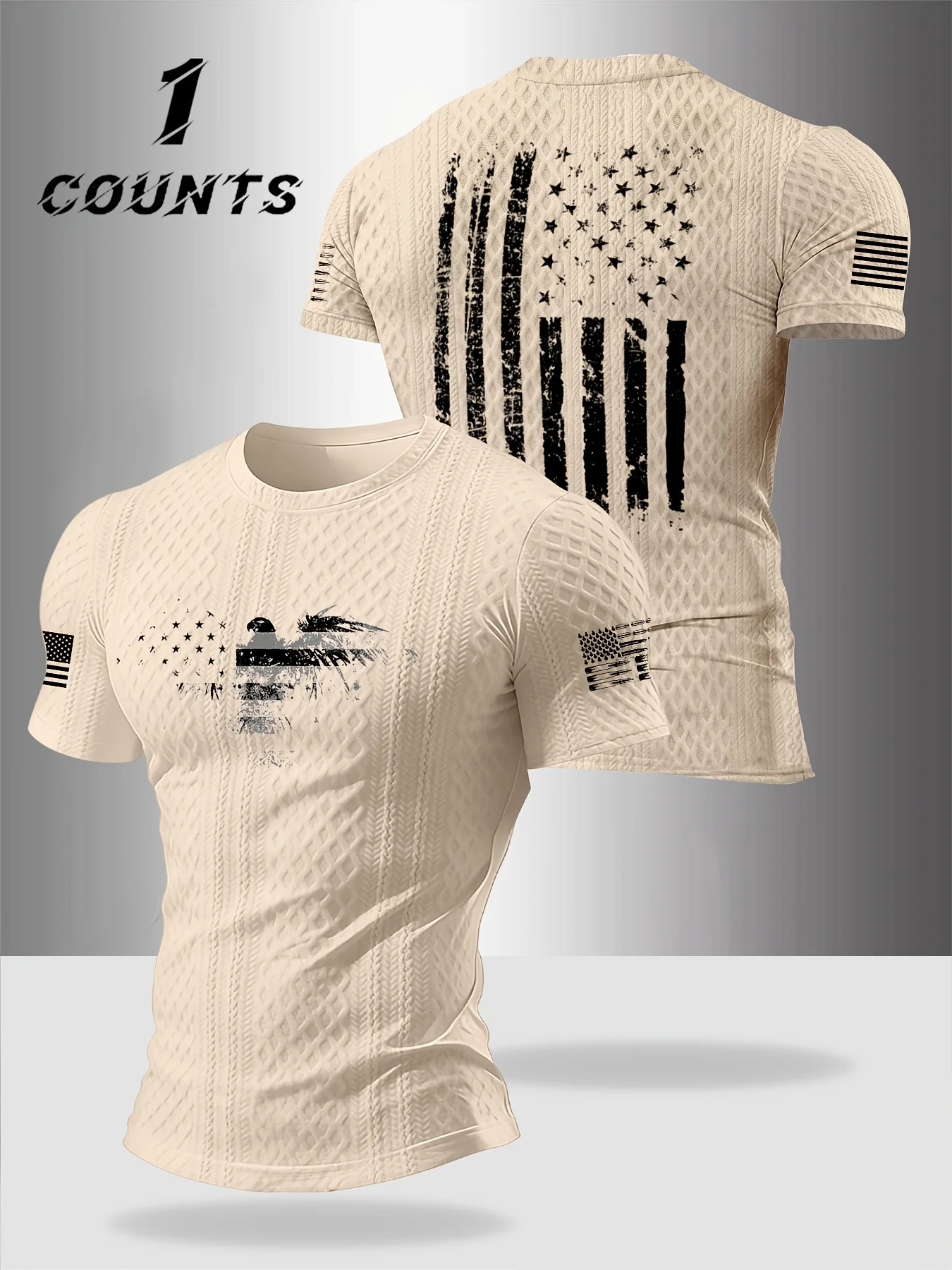 Men Polyester All‑Over Print Tee, Simulated Waffle Texture, Vintage USA Flag Eagle, Patriotic Tactical Muscle‑Fit Workout Top