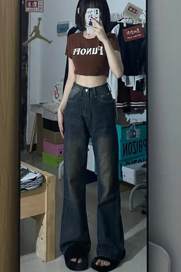 Autumn Women'S Clothing Wide Jeans Woman Stacked Ruffle Pleated Draped Split Slit Asymmetric Detail Side Female Denim Fashion