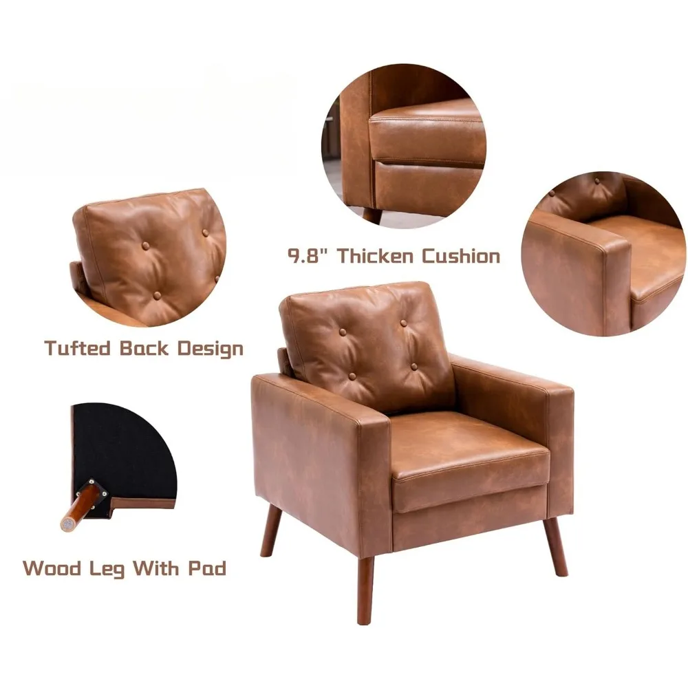 

Tufted Accent Arm Chairs with Wood Legs, Faux Leather Comfy Upholstered Single Sofa, Mid Century Modern Side Club Leisure Chairs