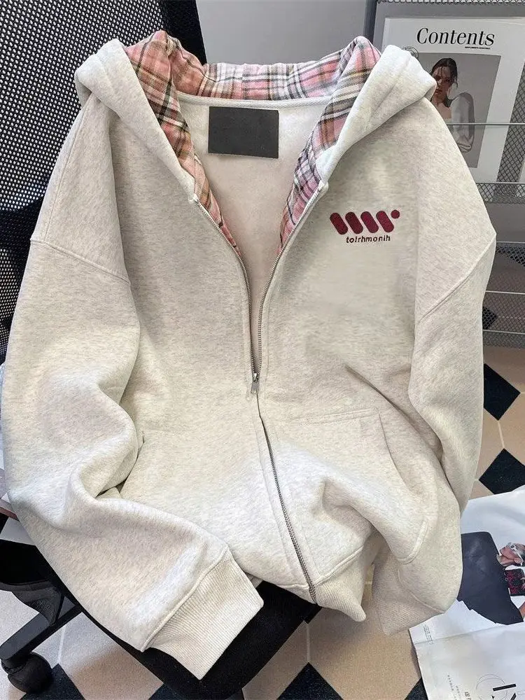 

Модный клетчатый лоскутный открытый кардиган с капюшоном, свитшот, женский осенне-зимний свободный топ на молнии, универсальный антивозрастной топ