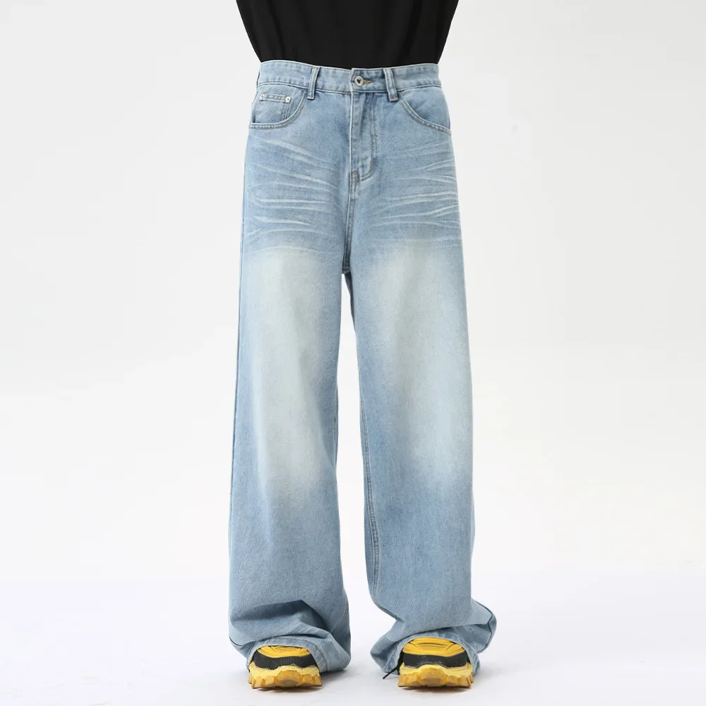 

Pop Four Seasons New Fashion Men's American Washed Ligh Blue Loose Wide Leg Jeans Pants Casual Trendy Dnim Trousers Male Jeans P