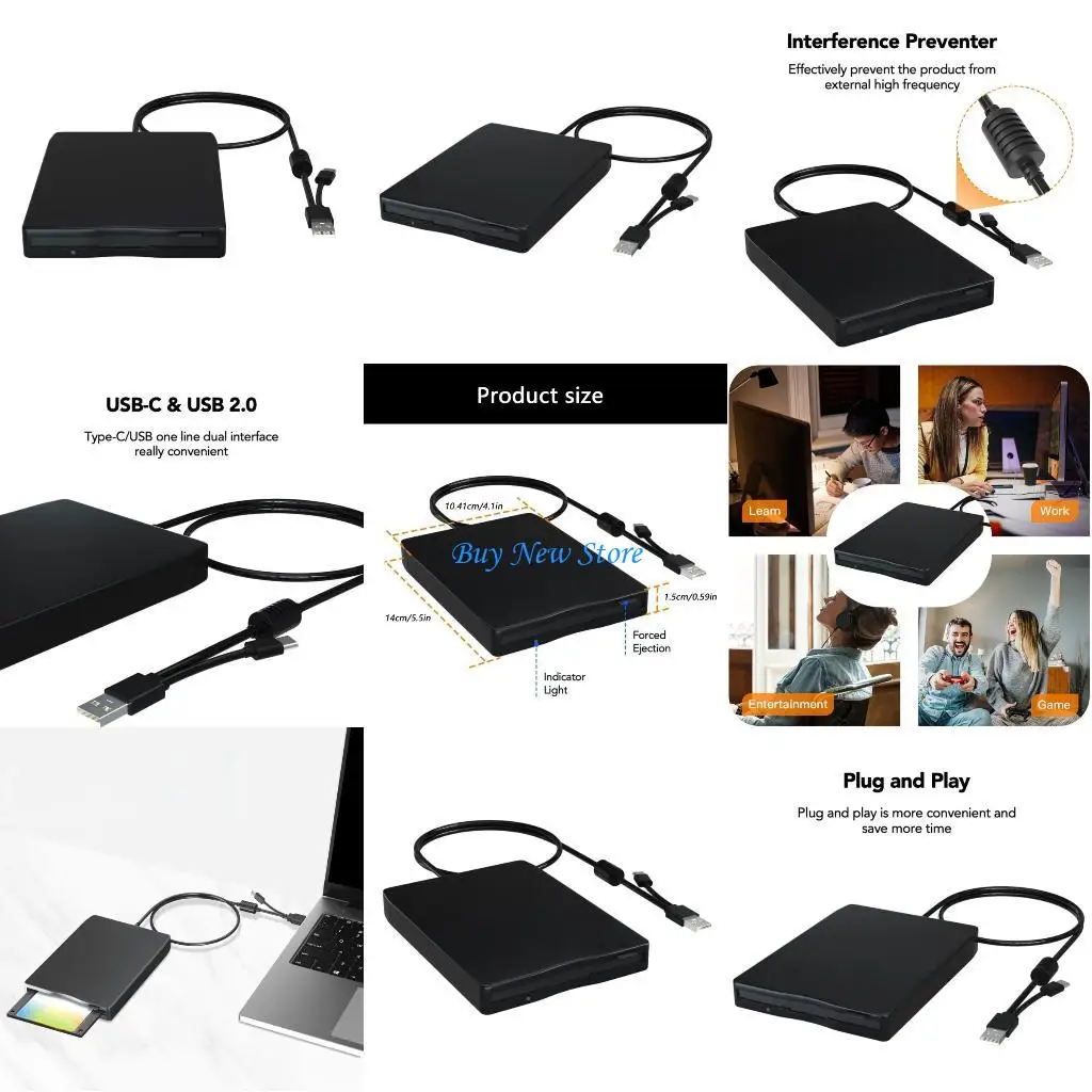 

20ce Portable Extrable 3,5 "FDD -диск с USB и USB C Disk Disk Reader для легкой передачи данных