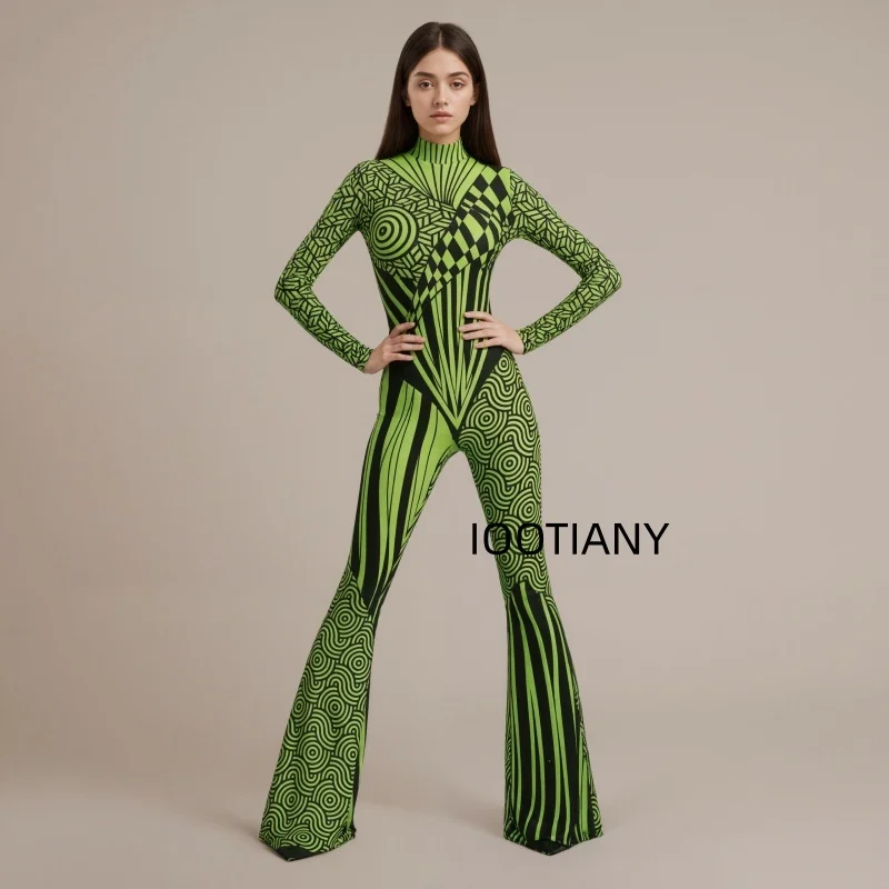 Damen-Jumpsuit mit ausgestellten Schlaghosenbeinen, geometrischem Schmetterlings-Skelett-Muster, figurbetont, Catsuit, Festival-, Rave-, Halloween-Cosplay-Outfit – Detail 3