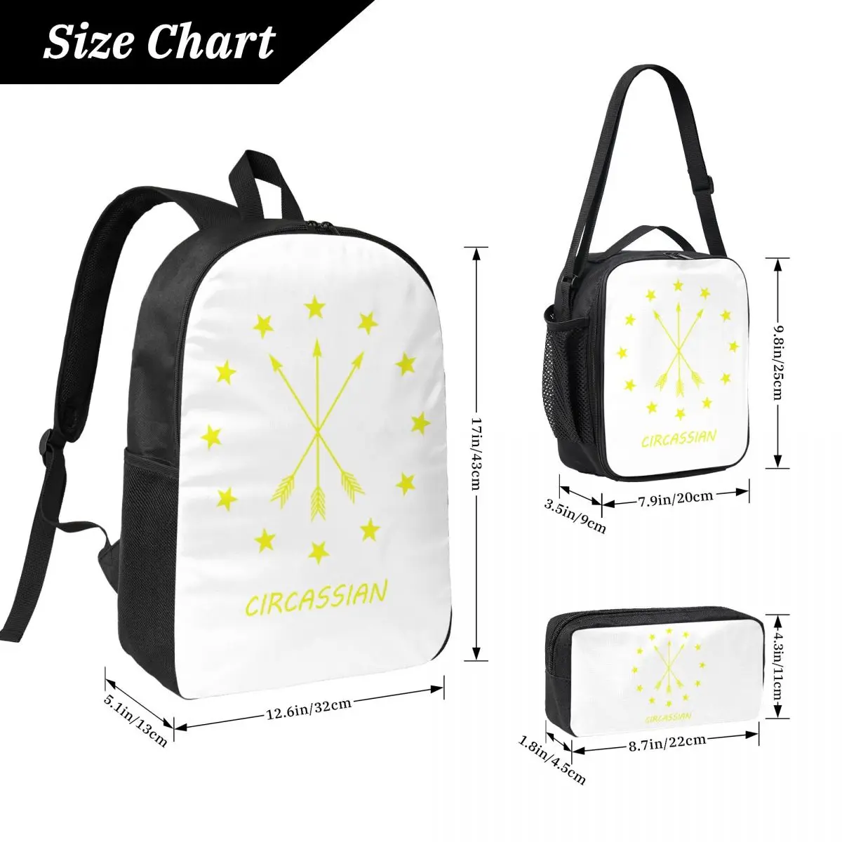12 Stars Around Arrows Adygea Flag Backpack Student BookBag School Bag Laptop Shoulder Bags 3ps Insulated Lunch Bag Pencil Case
