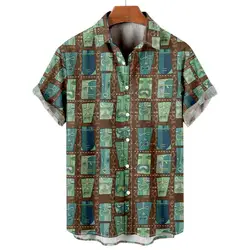 Camisa estampada social havaiana masculina, streetwear extragrande, desenho animado, moda Harajuku, roupas de férias, verão