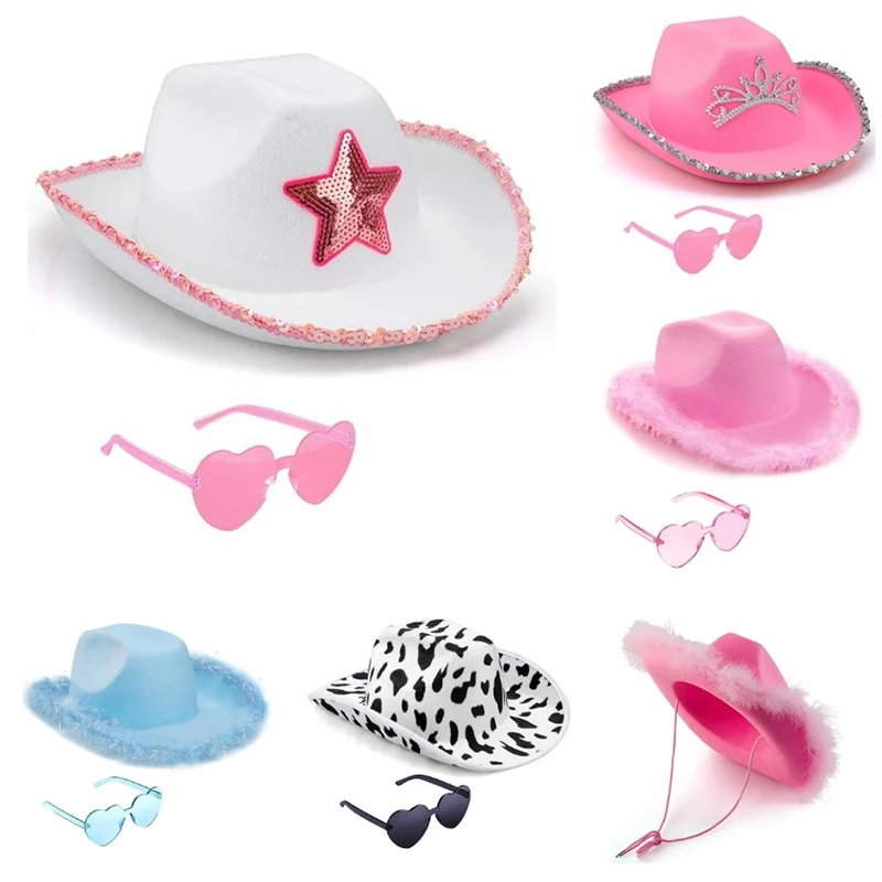 New Creative Girls Cute Pink Cowboy Hat With Peach Heart Glasses Two Piece Set Funny Hat Set Holiday Party Dress Up Props Gifts