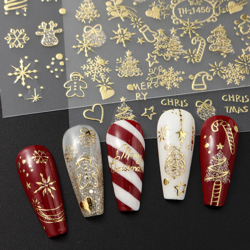 2pcs Golden Christmas Nail Art Stickers Sparkling Snowflake Bowknot Adhesive Sliders New Year Santa Tree Manicure Decals Decor