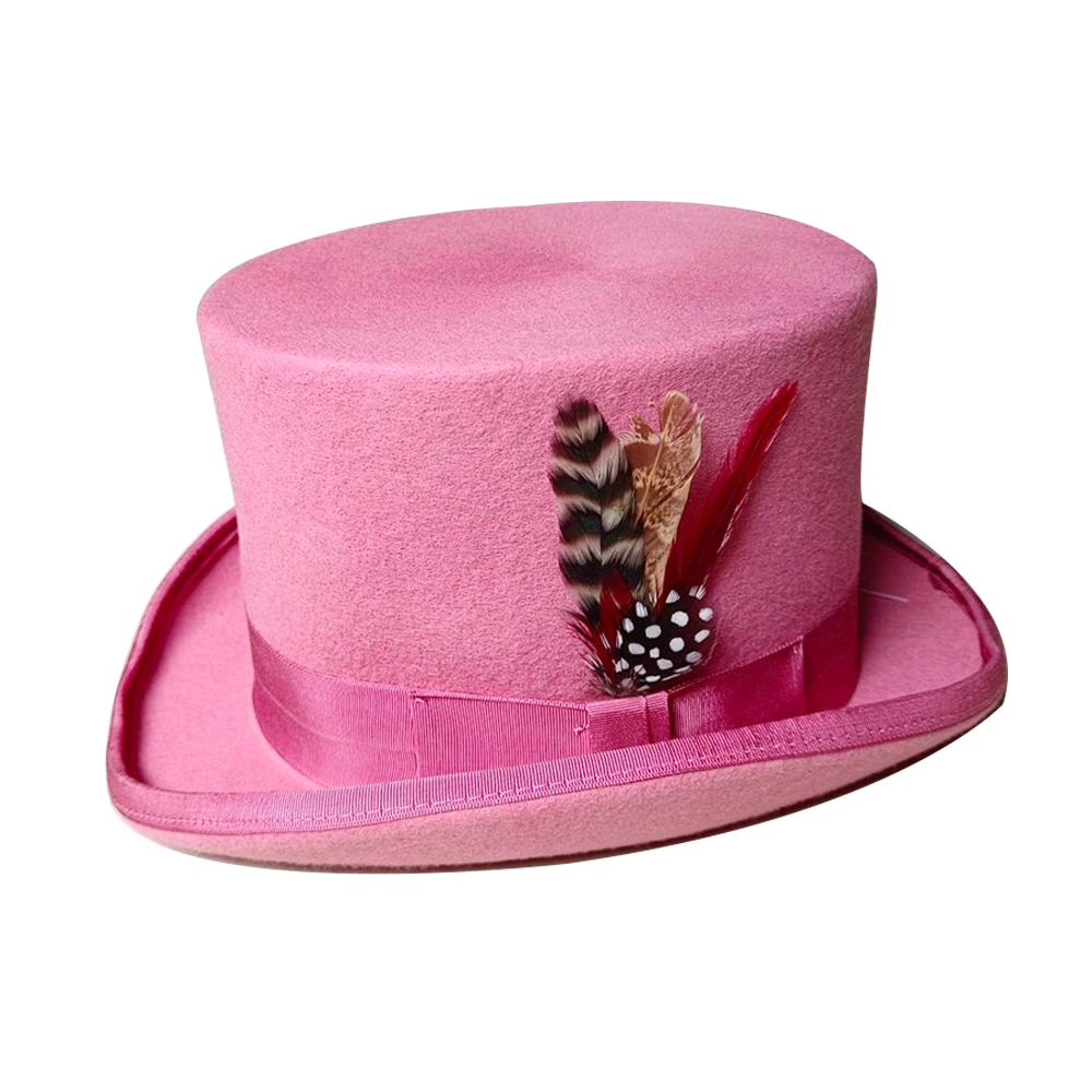 Pink 100% Wool Hat for Men and Women Fedora Top Gentleman Bowler Hat Black White Magic Hat Presidential Hat Feather Accessories