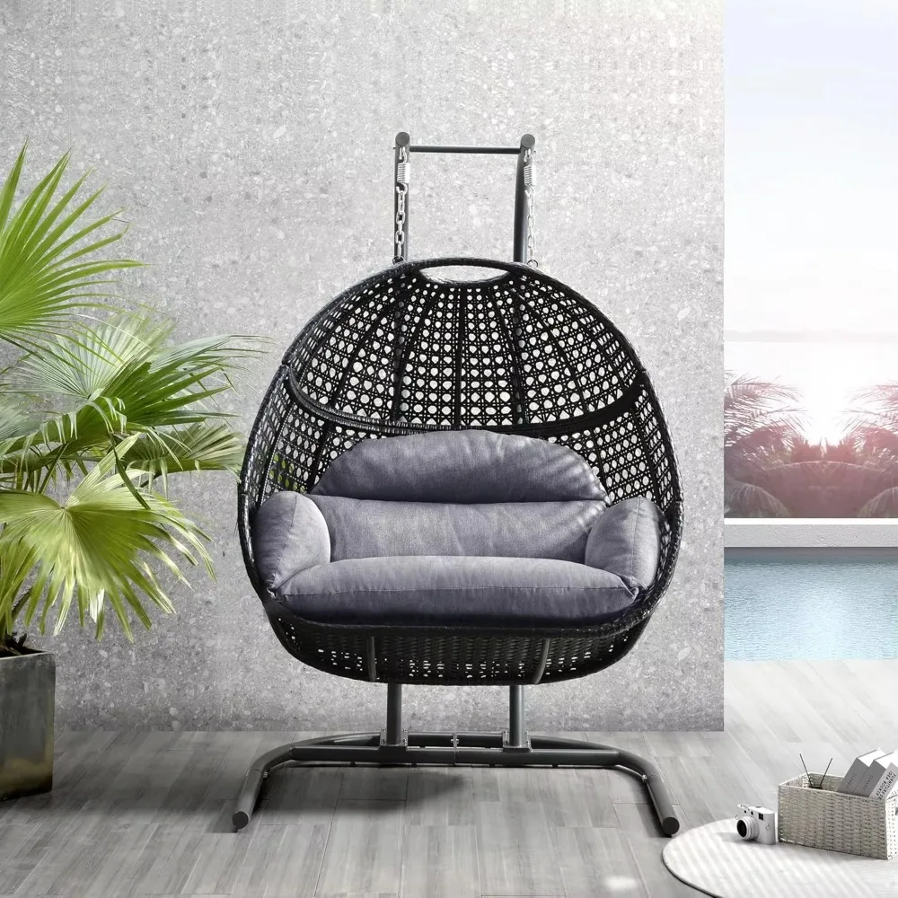 Outdoor 2 Person Hanging Egg Chair w/ Stand, Patio Rattan Wicker Double Egg Swing Chairs Hammock Loveseat w/ Cushion & Stand