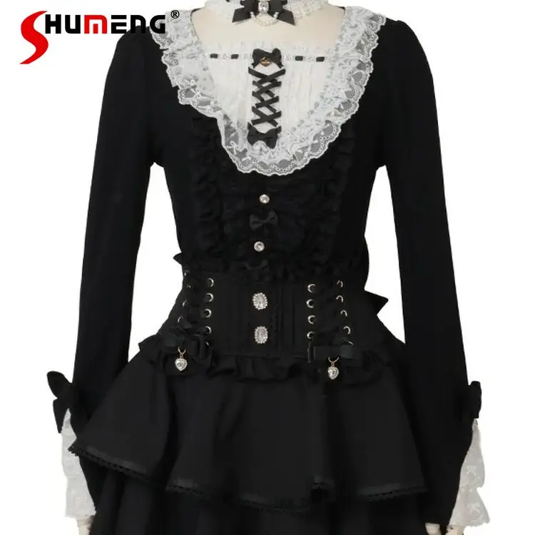 

New 2026 Liz Japanese Lace Princess Sleeve Choker Ribbed Knit Top New Spring Sweet Girls Cute Bow Long-sleeve Sweater Women