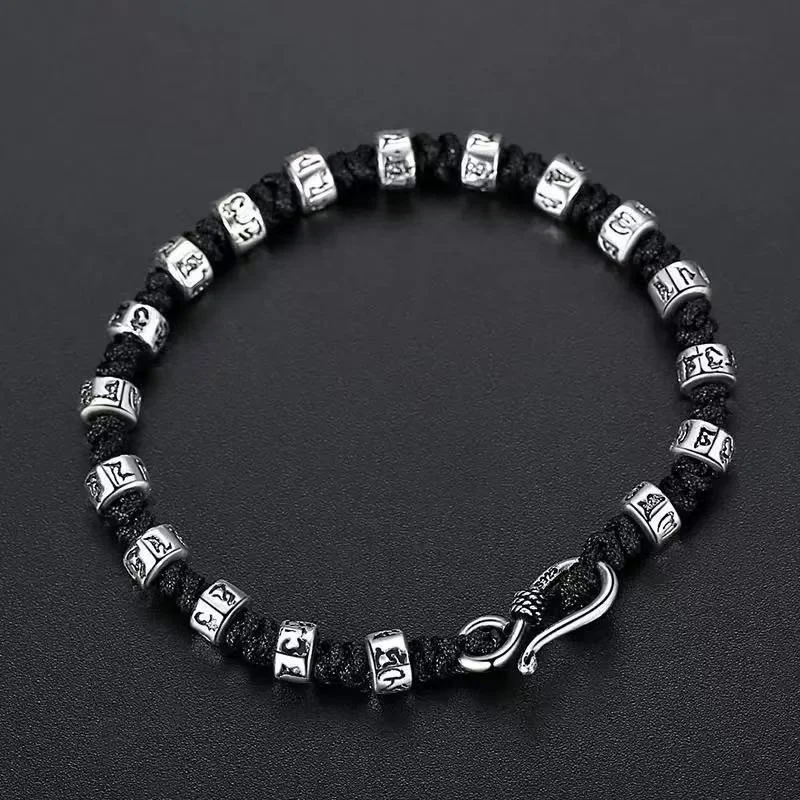 Blessing Six Character Great Ming Mantra Beads Bracelet Men Jewelry 18 20 22CM Woven Black Rope Bracelet Women Hand Accessories