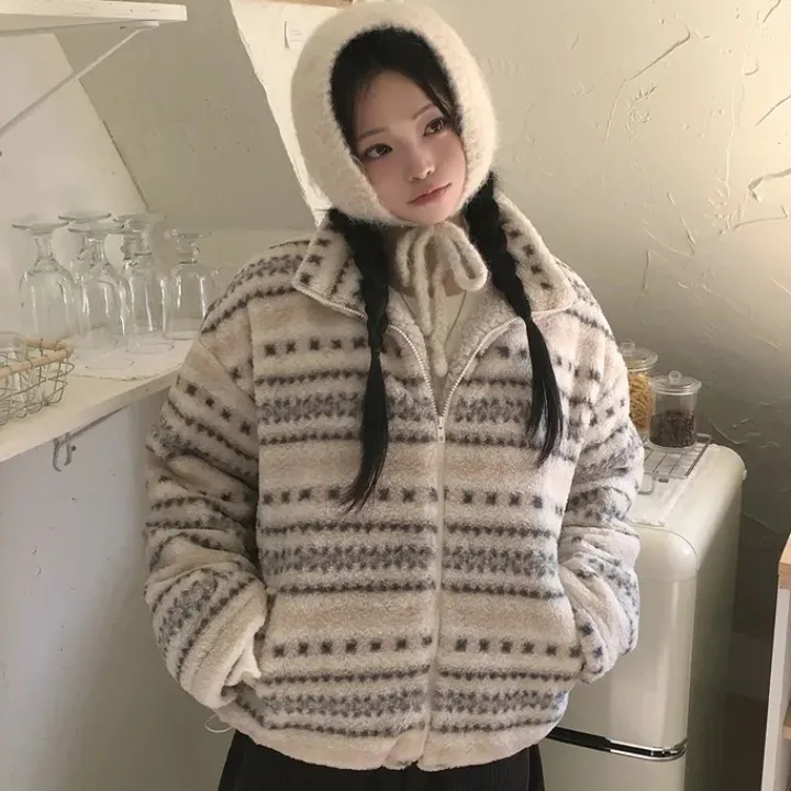 Dames Lamsfluweel Fce Gevoerde Katoenen Jaet Jas Nordic Sle Fair Isle Patroon Warme Top Bovenkleding Winter Nieuwe Collectie