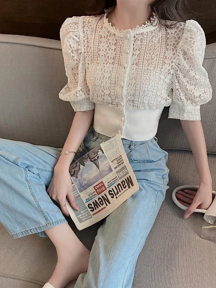 Sweet Crochet Top Blouse Women Sexy Hollow Out Shirt Vintage Puff Sleeve Korean  Shirts Fashion Chic Tops Blusas