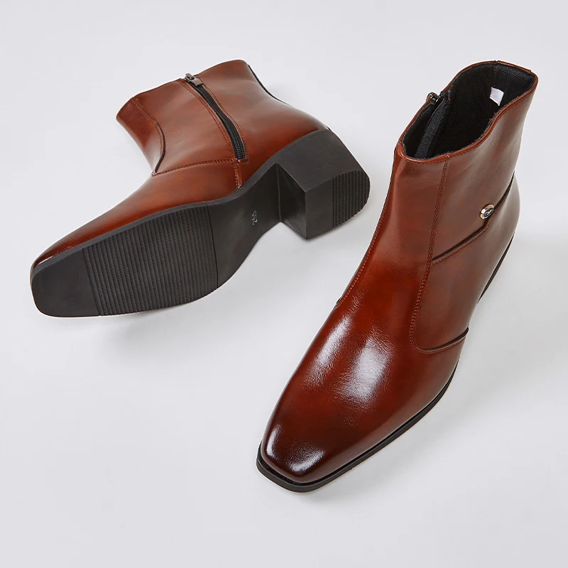 Men High Heel Height Increasing Ankle Boots Side Zipper Square Toe Leather Dress Boots For Business Wedding Party Formal Shoes