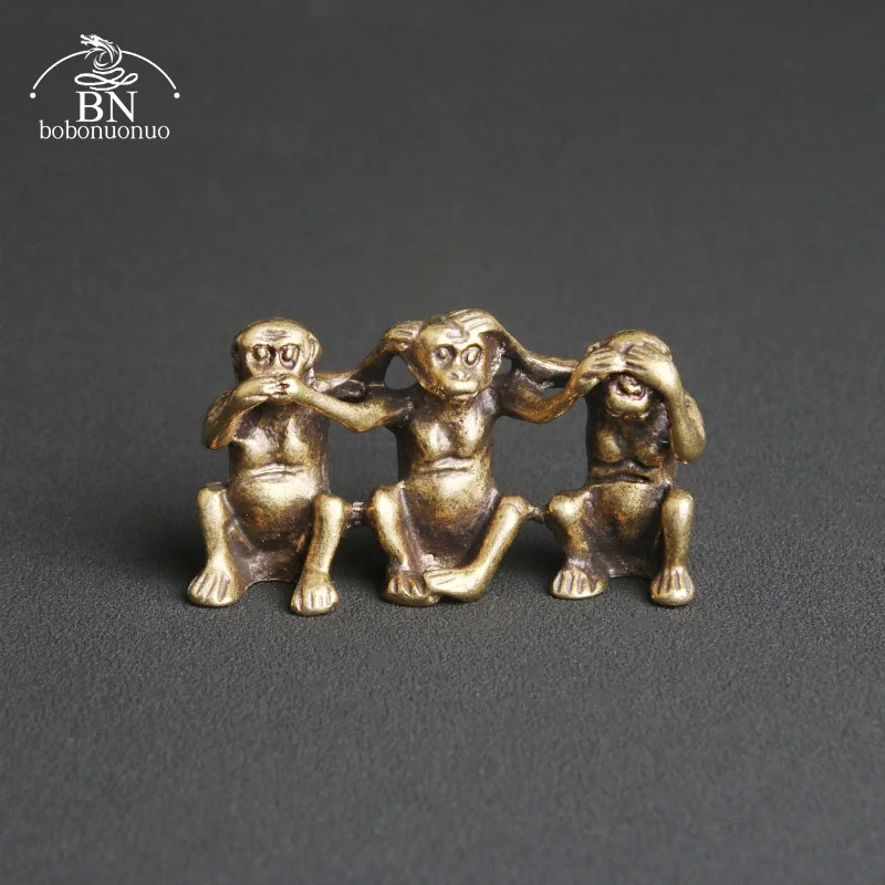 Pure Copper Three Monkeys Miniatures Figurines don't Say don't Listen don't See Feng Shui Crafts Ornaments Antique Decorations