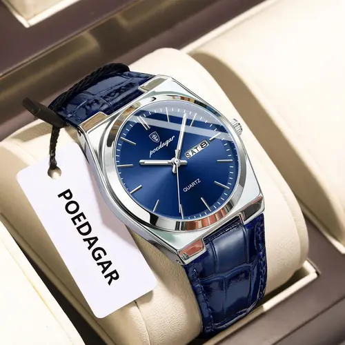 Imagen 2 del producto Reloj de pulsera POEDAGAR de lujo a la moda para hombre, Reloj luminoso resistente al agua con fecha y semana para hombre, relojes simples de cuero de cuarzo para negocios para hombre