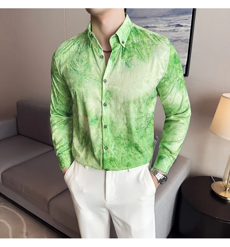 men's Shirt Tie-dyed Color Trendy Streetwear Blouse Long Sleeve Korean Style Slim Fit Ironing-free Shirt Mens Designer Clothes