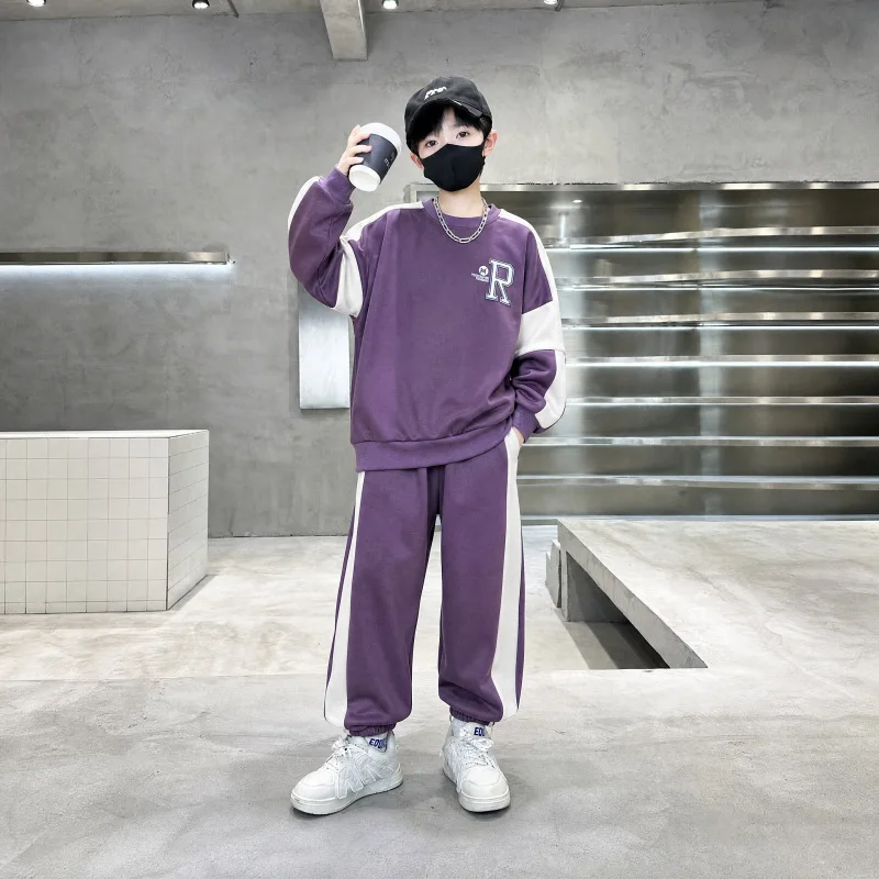 Autumn Winter Boys Teenager Cloth Children Set Hooded Striped Sport Sweatshirt Top + Long Pant Tracksuit 4 8 10 12 14 Years