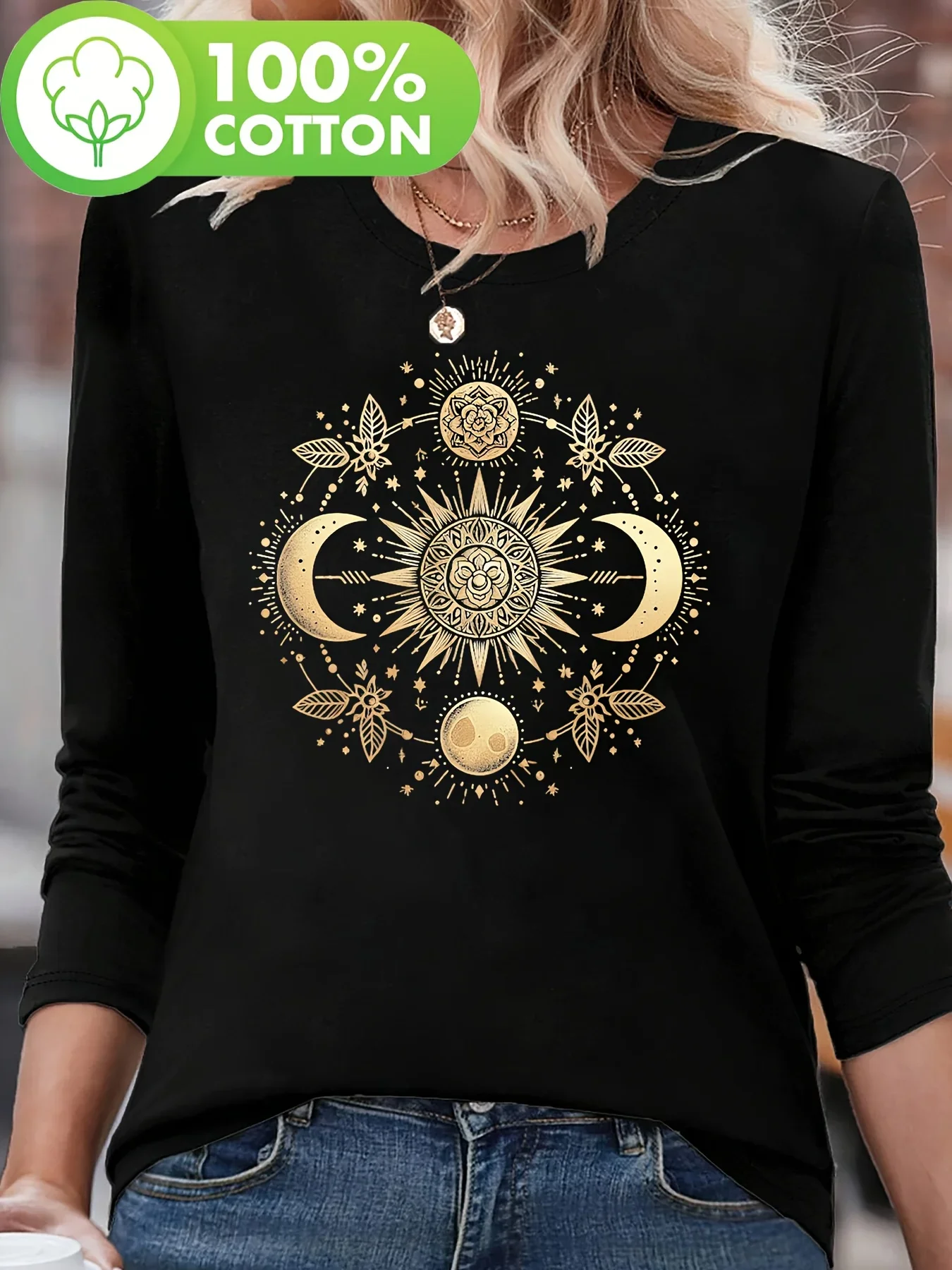 Aesthetic 100% Cotton Long Sleeve Crew Neck T-Shirt Sun Moon Stars Print Top Shirt Women's Clothing Vintage Fall Winter Top Tee