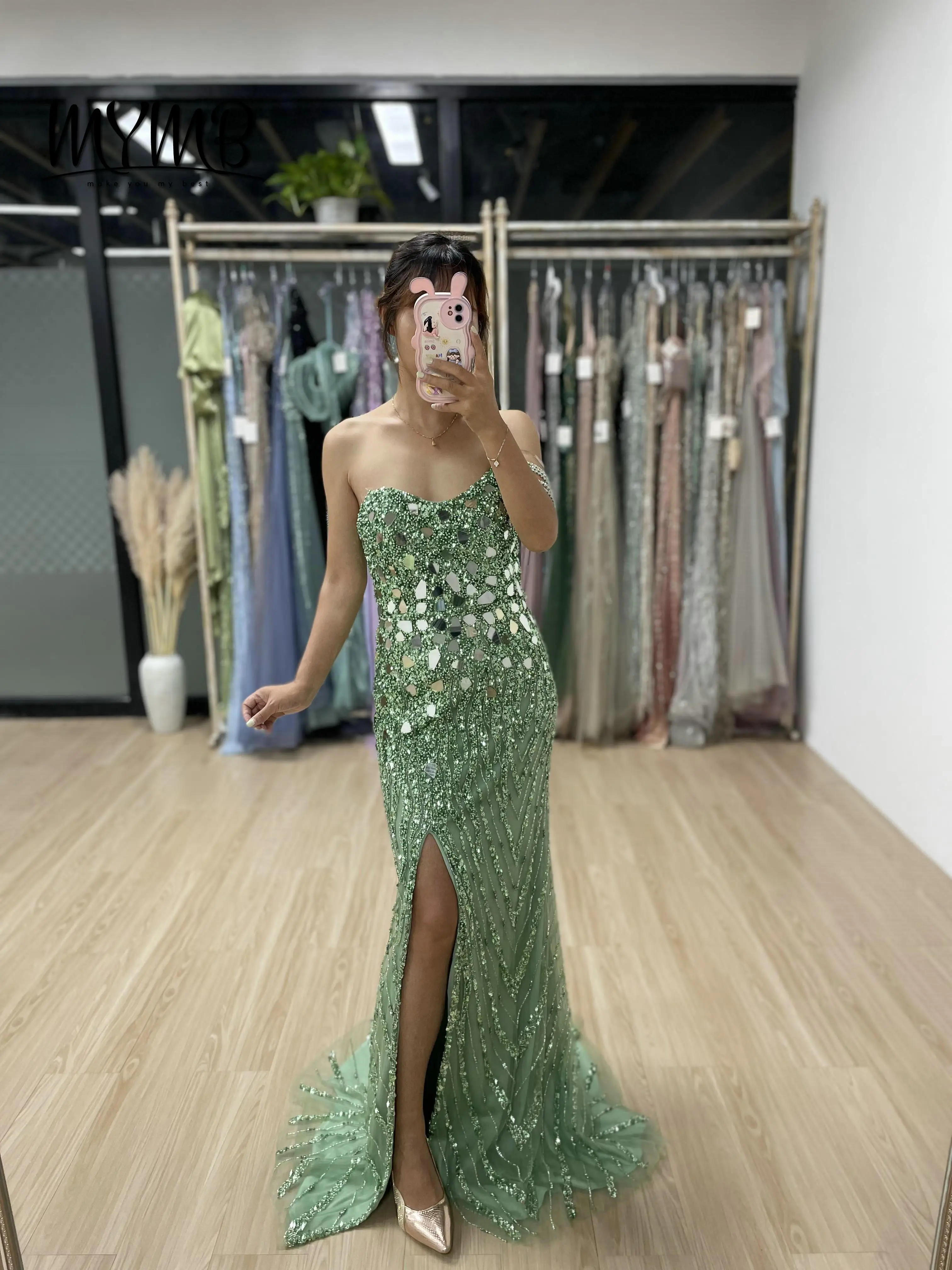MYMB Latest Fashion Mermaid Party Prom Dress With Slit Crystal Sequin Invisible Strap Sleeveless Evening Dress for Party MY30034