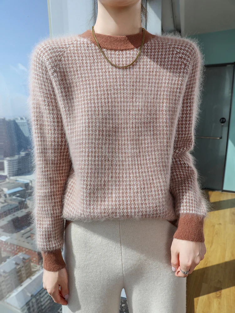 

100% норковый кашемир, женский пуловер с круглым вырезом, нежный теплый осенне-зимний толстый повседневный модный вязаный свитер с длинными волосами