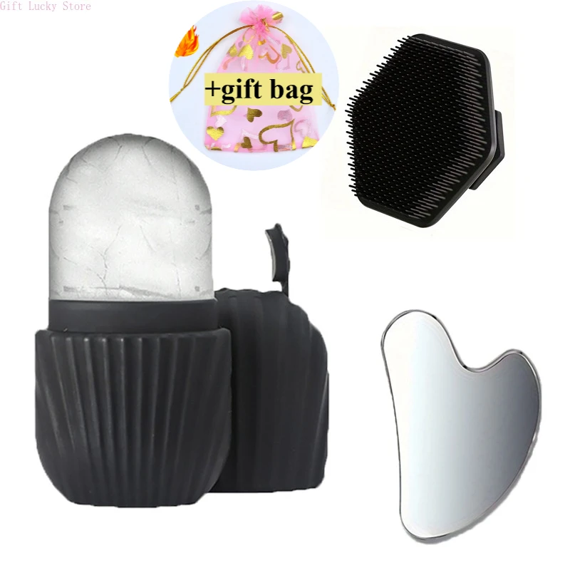 

3-piece facial cleansing tool set, stainless steel heart-shaped scraping tool, ice roller, silicone facial brush