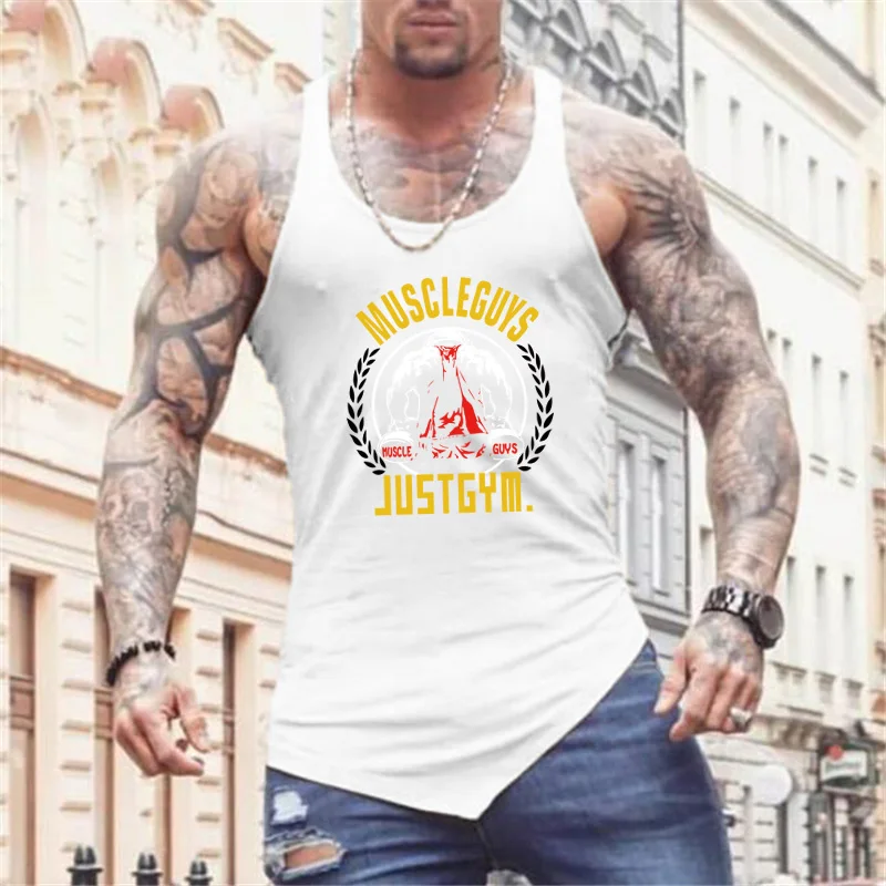 Mens Sport Fitness Muscle Sleeveless Singlets Gym Bodybuilding Stringer Tank Tops Summer Cotton Breathable Irregular Hem Shirts