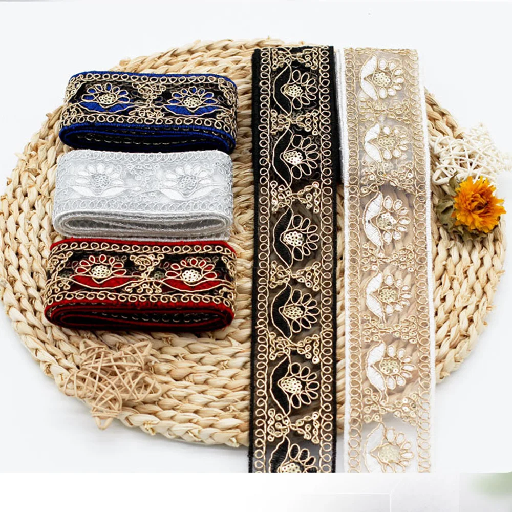 50mm Embroidered Lace Trim Gold Sequin Floral Mesh Organza Ribbon for DIY Sewing Wedding Dress Garment Craft Decoration