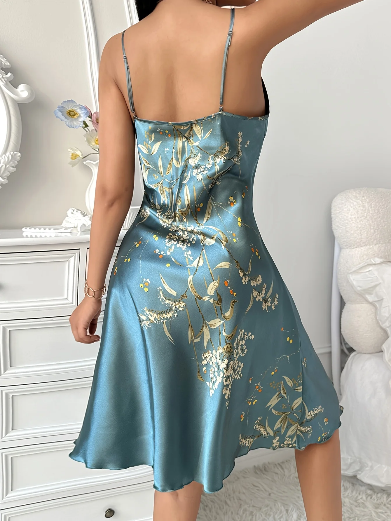 Women Elegant Satin Pajamas Cherry Print Thin and Comfortable Slip Nightgown Fashion Ladies Dress for Home or Party
