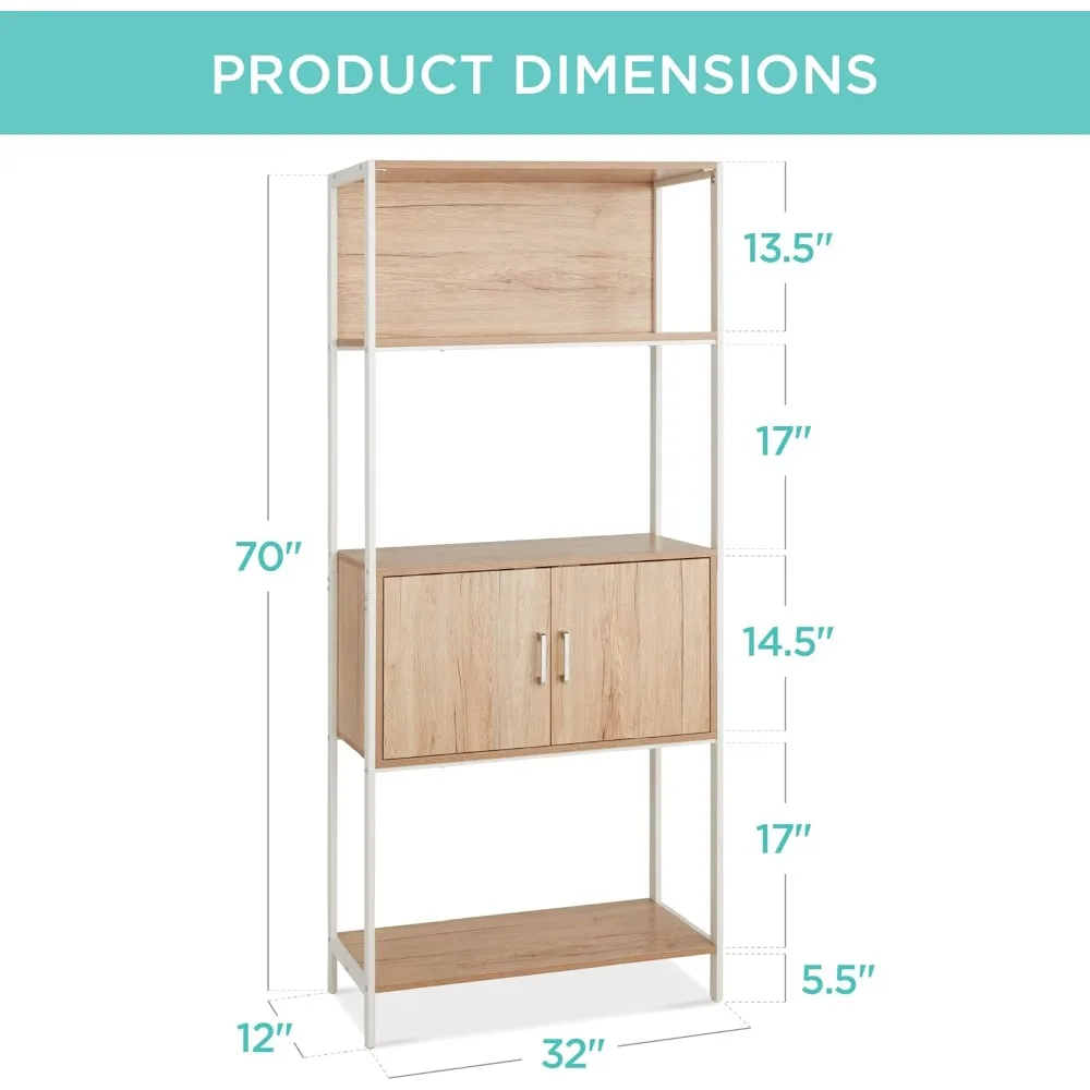 4-Tier Bookshelf, Tall Bookcase, Wood Storage Cabinet for Living Room Bedroom Entryway Home Office w/Cabinet Enclosed Storage