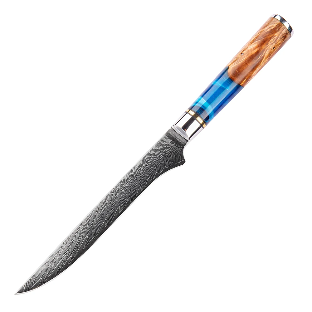 YAN 6Inch Japanese Damascus Boning Knife 67 Layers VG10 10Cr15CoMoV Steel Composited Resin Blue Maple Burl Handle Chef Gift Box