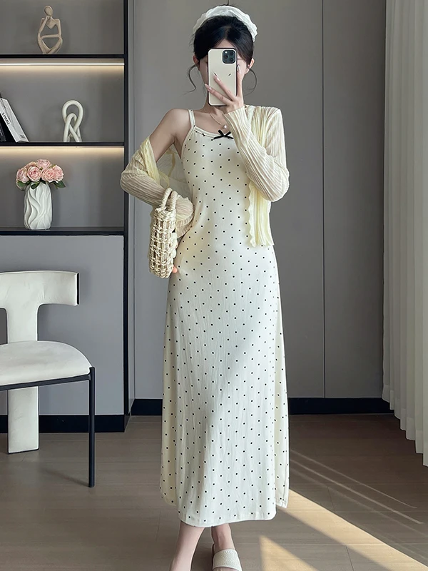

Summer New Polka Dot Sun Protection Cardigan Women's Dress Set Two-Piece Set round Neck Sleeveless Midi Length Soft Style