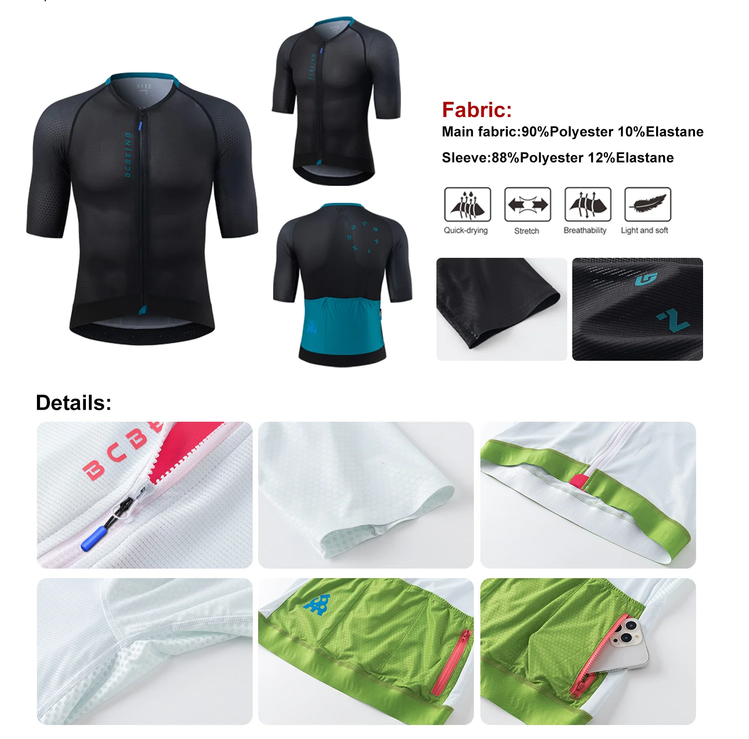 BCBE-ING Herren Aero-Radtrikot, kurzärmelig, Sommer, leicht, hohe Elastizität, atmungsaktives Mesh-Gewebe, schmal geschnitten, Radtrikot. – Detail 2