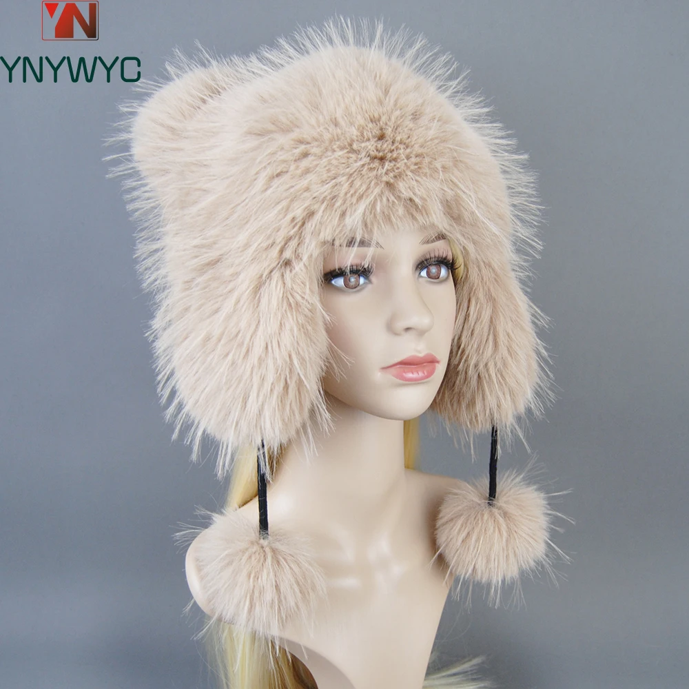 

False Raccoon Fur Pompom Bomber Hats Russian Female Beanies False Raccoon Fur Hat Knitted Skullies Beanies Women's Winter Hats