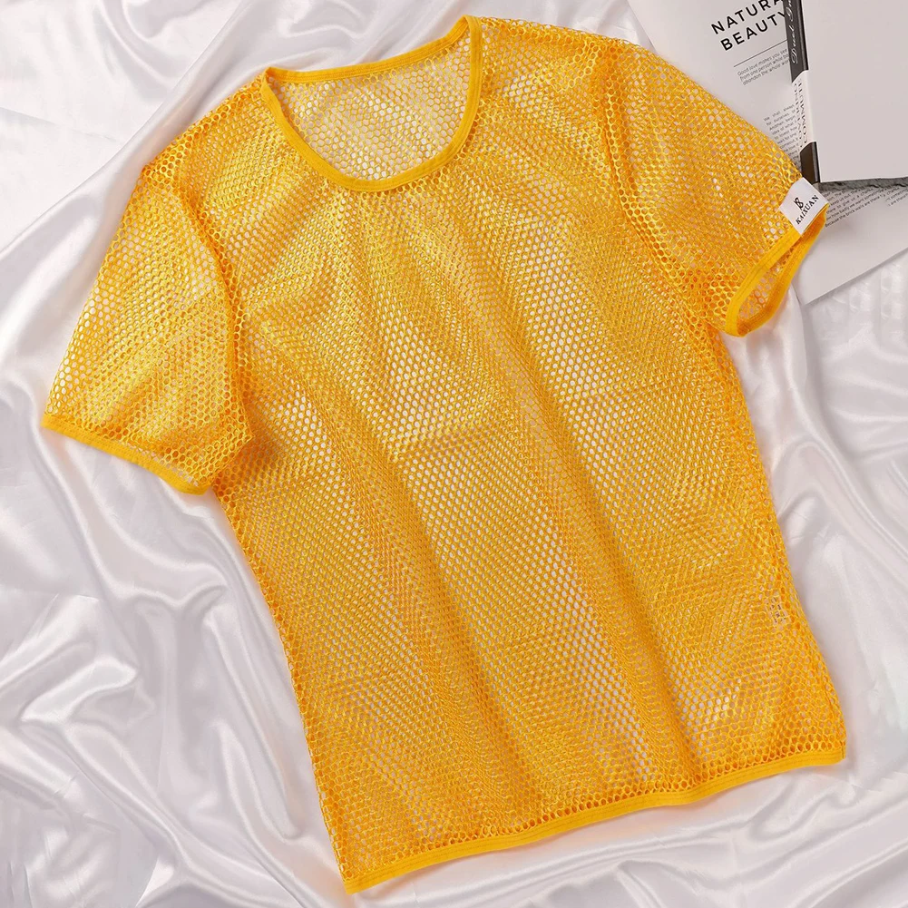 1pc Men Mesh See Through T-Shirt Hollow Out Sexy Fishnet Clubwear Short Sleeve Undershirt Top Tee Breathable Streetwear