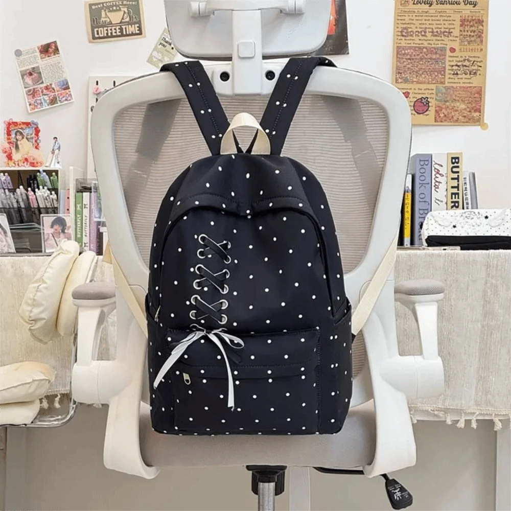 Large Capacity Dots School Backpack Multicolor Silk Ribbon Laptop Backpack Reduces Load Breathable Shoulder Bag For School