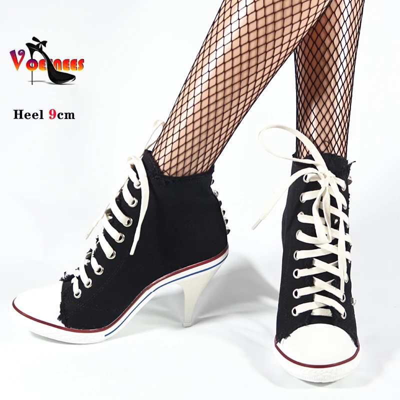 2024 NEW Spring High Heels Rivet Black Shoes Women Fashion Thin Heels Denim Canvas Shoes High Top Round Toe Lace Up Ladies Boots