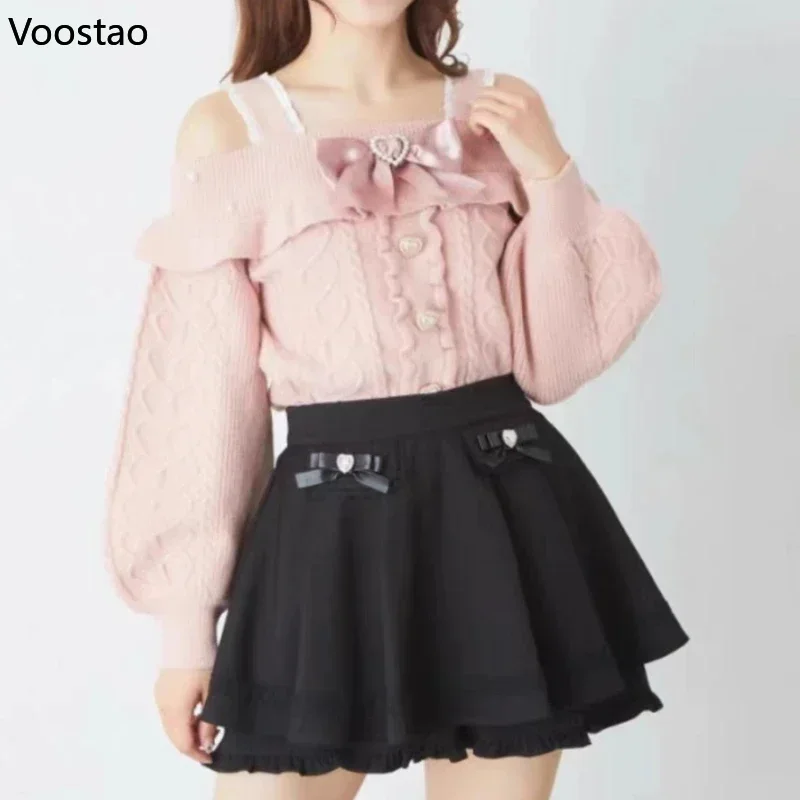 Pullover lavorato a maglia stile Lolita dolce giapponese autunno ragazza carino fiocco con spalle scoperte maglione di perle donna Harajuku