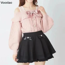 Japanese Sweet Lolita Style Knitted Pullover Autumn Girl Cute Bow Off Shoulder Pearl Sweater Women Harajuku Knitwear Tops Spring