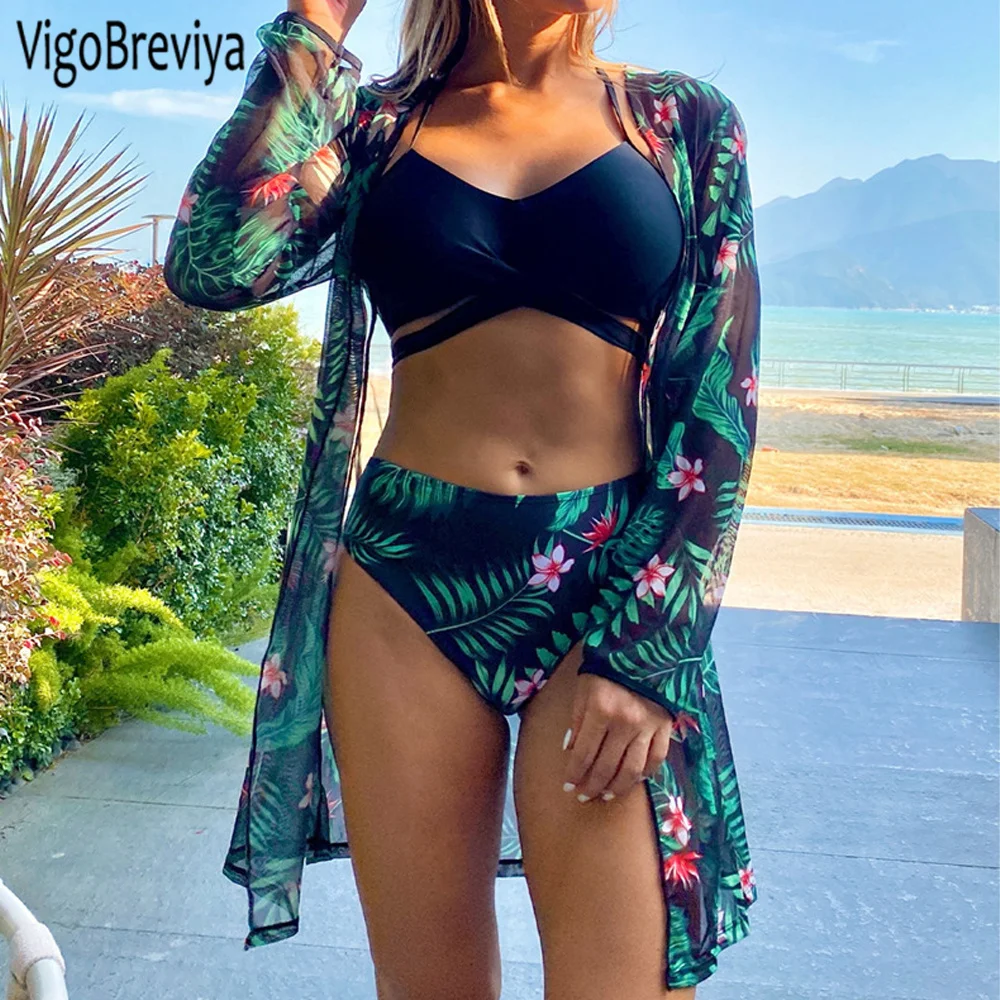 

VigoBreviya Sexy Print Strapped 3PCS Mesh Coat Bikini Set Swimwear Women 2023 High Waist Push UP Swimsuit Summer Bathing Suit