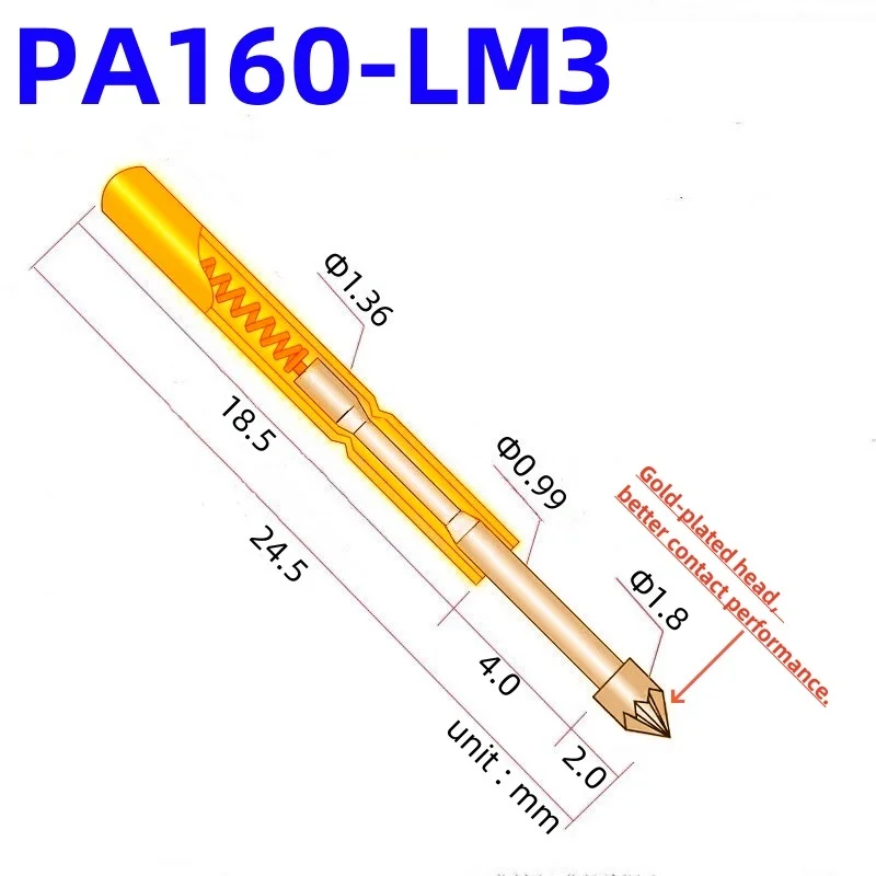 

100PCS PA160-LM3 Spring Test Probe PA160-LM Test Pin P160-LM3 P160-LM 24.5mm Needle Dia 1.36mm Pogo Pin Gold Head Dia 1.80mm